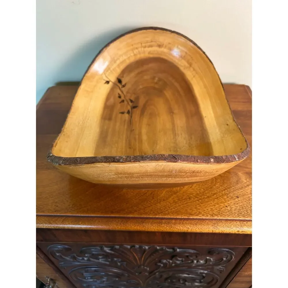 Vintage Olive Wood Look Live Edge Decorative Bowl with Burnt Floral Design